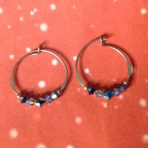 Retro Crystal & Sterling Silver Mini Hoop Pierced Earrings